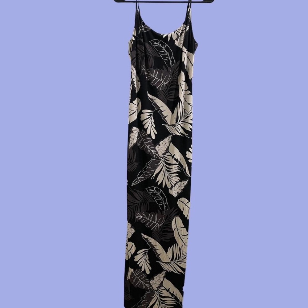 Black Tropical Leaf Print Maxi Dress